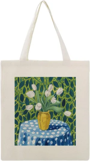 Canvas Tote Bag,Yellow Vase with White Tulips Dots Handbags for Women Shoulder Bag