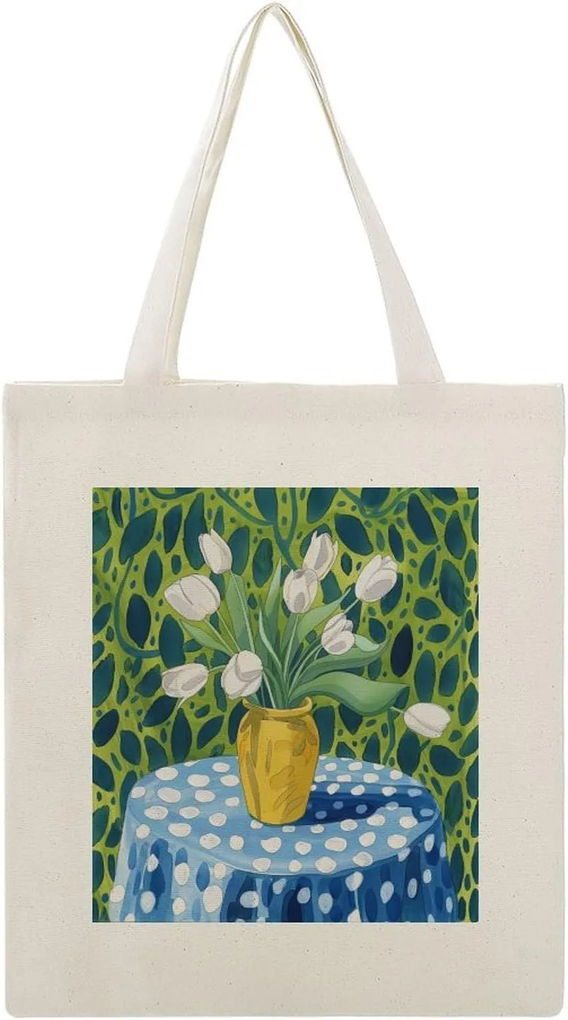 Canvas Tote Bag,Yellow Vase with White Tulips Dots Handbags for Women Shoulder Bag