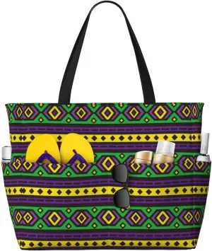 Carnival Mardi Gras Large Beach Tote Bag for Women Extra Large Capacity Waterproof Sandproof Pool Bag Suitable for Gym Swimming Pool Travel Groceries