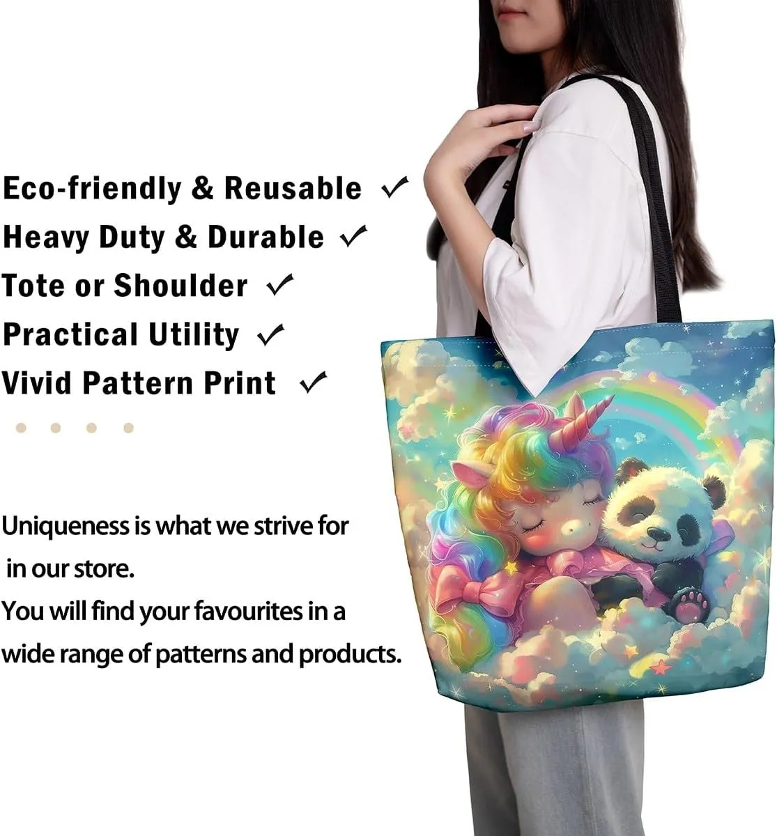 Cartoon Animals Canvas Tote Bag Valentine's Day Shoulder Handbags for Shopping,Unicorn Bag Reusable Handbag