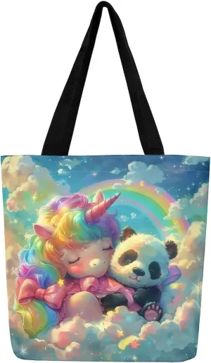 Cartoon Animals Canvas Tote Bag Valentine's Day Shoulder Handbags for Shopping,Unicorn Bag Reusable Handbag