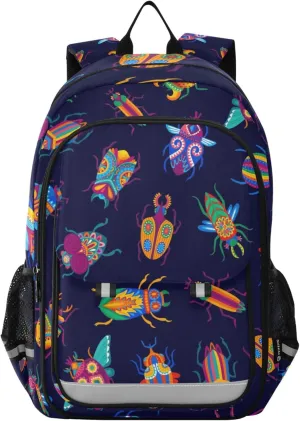 Cartoon Beetles Colorful Bugs and Insects Backpack Lightweight Bookbag Travel Laptop Backpack College School Computer Bag with Reflective Stripes