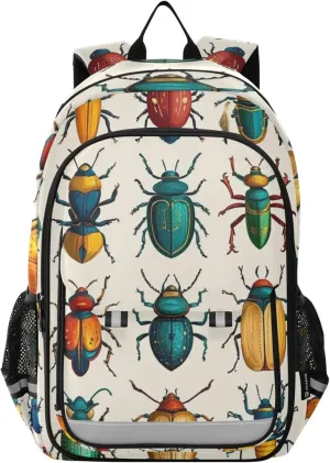 Cartoon Insect Beetles White Backpack Lightweight Bookbag Travel Backpack College School Laptop Bag with Reflective Stripes
