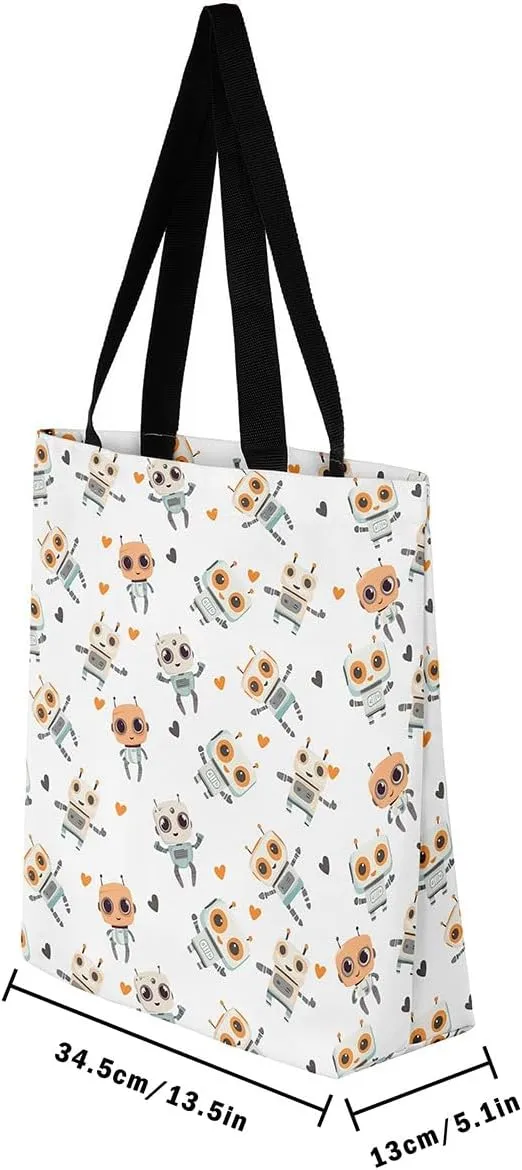 Cartoon Robot Canvas Tote Bag,Modern Sci-Fi Robot Large Capacity Shopping Gym Bag,Shoulder Handbags