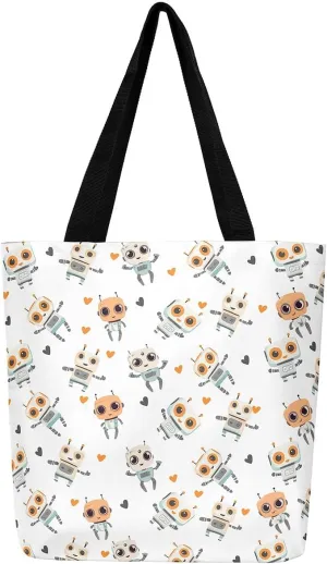 Cartoon Robot Canvas Tote Bag,Modern Sci-Fi Robot Large Capacity Shopping Gym Bag,Shoulder Handbags