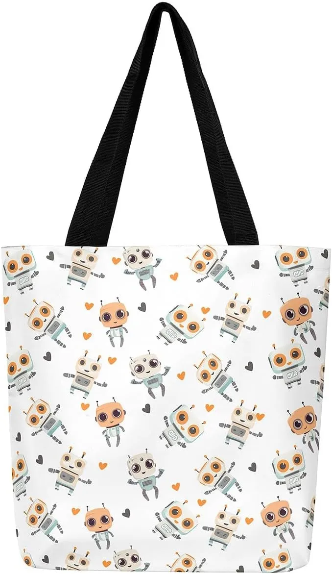 Cartoon Robot Canvas Tote Bag,Modern Sci-Fi Robot Large Capacity Shopping Gym Bag,Shoulder Handbags