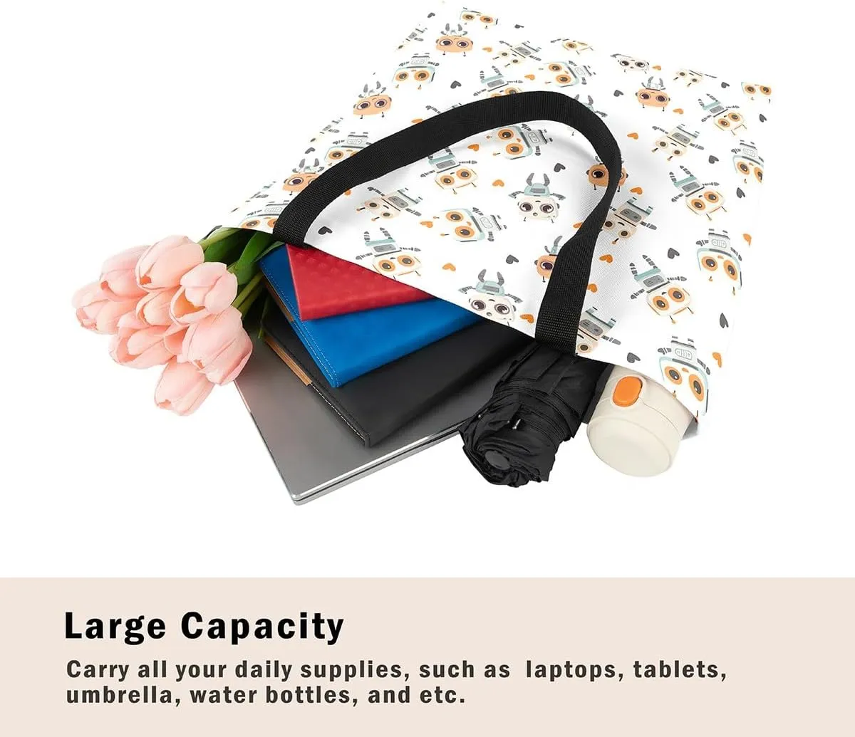 Cartoon Robot Canvas Tote Bag,Modern Sci-Fi Robot Large Capacity Shopping Gym Bag,Shoulder Handbags