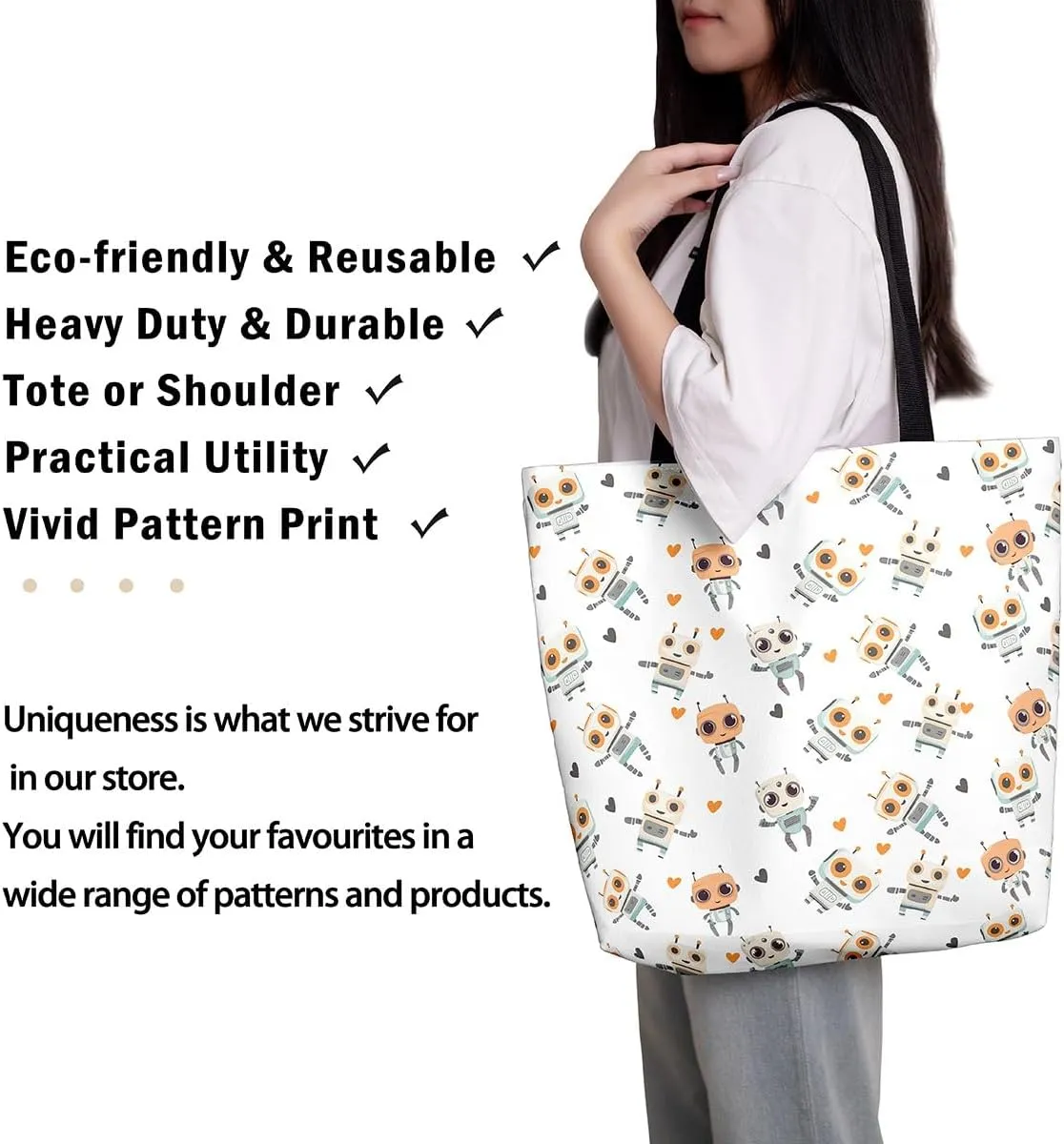 Cartoon Robot Canvas Tote Bag,Modern Sci-Fi Robot Large Capacity Shopping Gym Bag,Shoulder Handbags