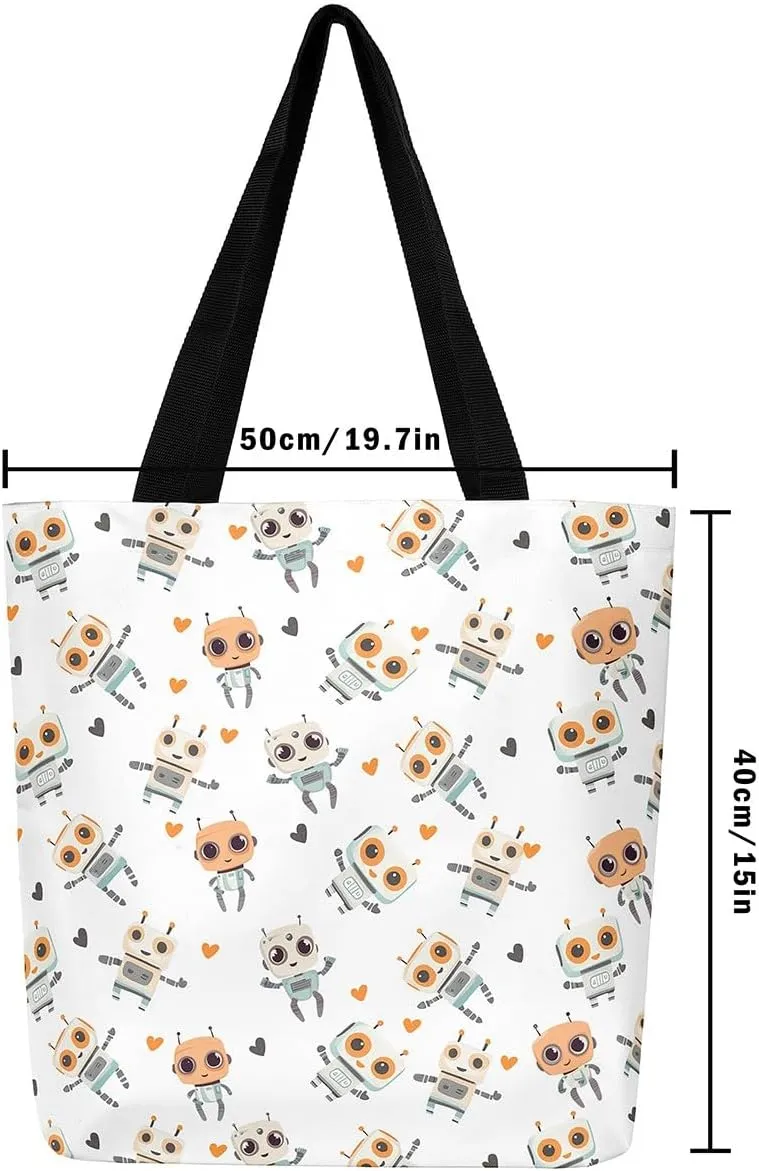 Cartoon Robot Canvas Tote Bag,Modern Sci-Fi Robot Large Capacity Shopping Gym Bag,Shoulder Handbags