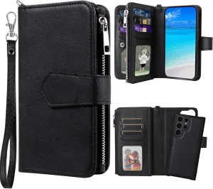 Case for Samsung S23 Ultra, 2 in 1 Magnetic Detachable Shockproof Case, Flip Folio PU Leather Cover with Card Slot for Samsung Galaxy S23 Ultra, Black