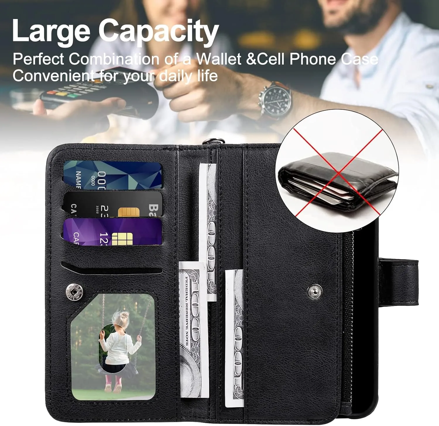 Case for Samsung S23 Ultra, 2 in 1 Magnetic Detachable Shockproof Case, Flip Folio PU Leather Cover with Card Slot for Samsung Galaxy S23 Ultra, Black
