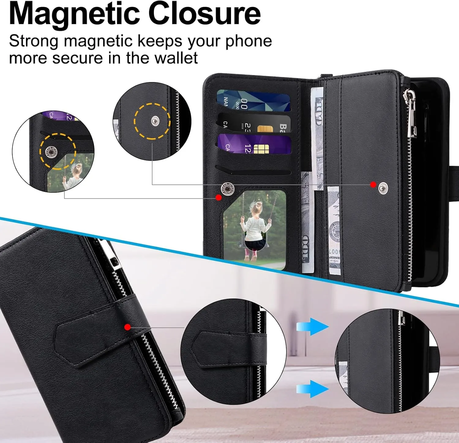 Case for Samsung S23 Ultra, 2 in 1 Magnetic Detachable Shockproof Case, Flip Folio PU Leather Cover with Card Slot for Samsung Galaxy S23 Ultra, Black
