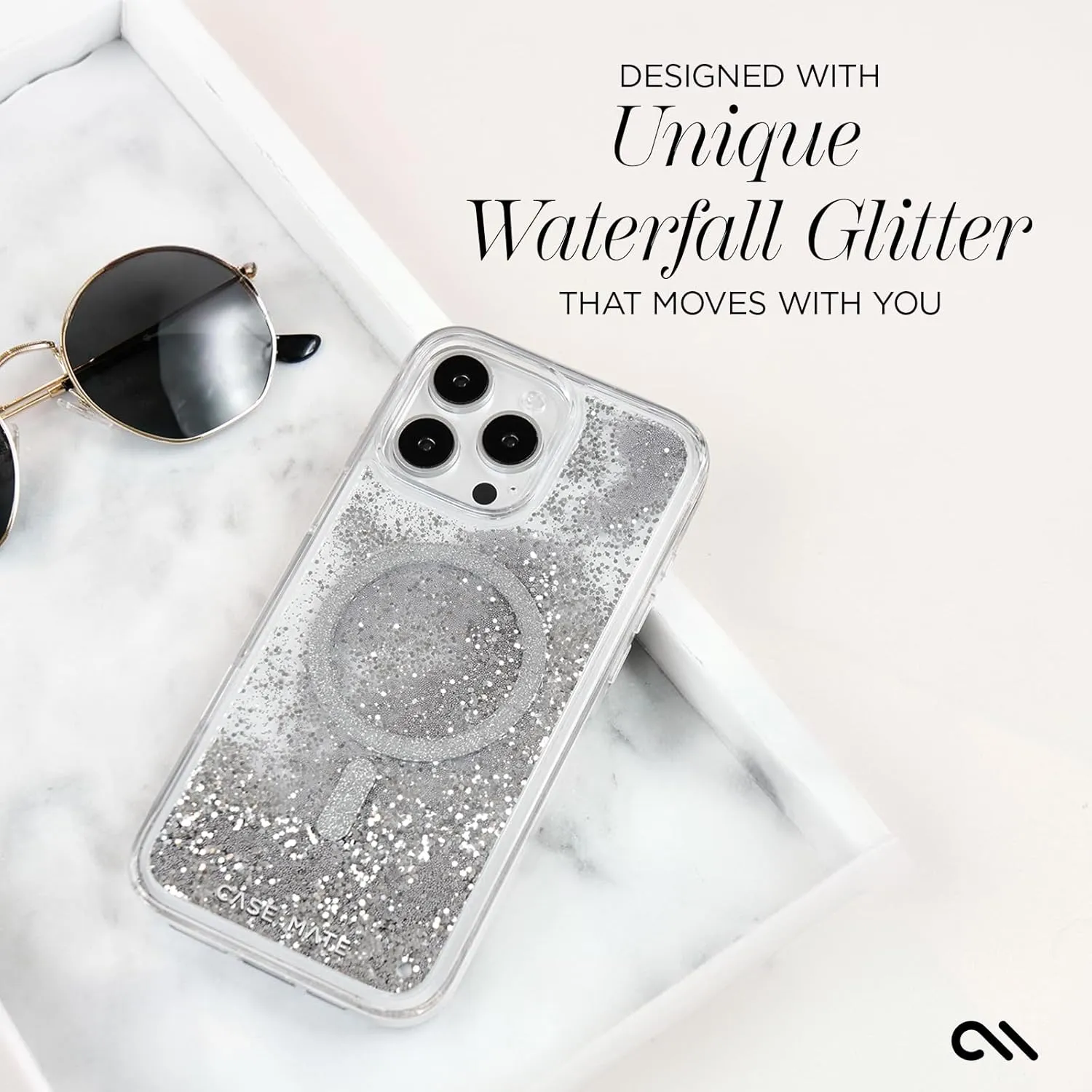 Case-Mate iPhone 16 Pro Case [Compatible with MagSafe] - Sparkly Liquid Glitter Phone Case with 12ft Drop Protection - Premium Magnetic Cover for iPhone 16 Pro - Silver Waterfall
