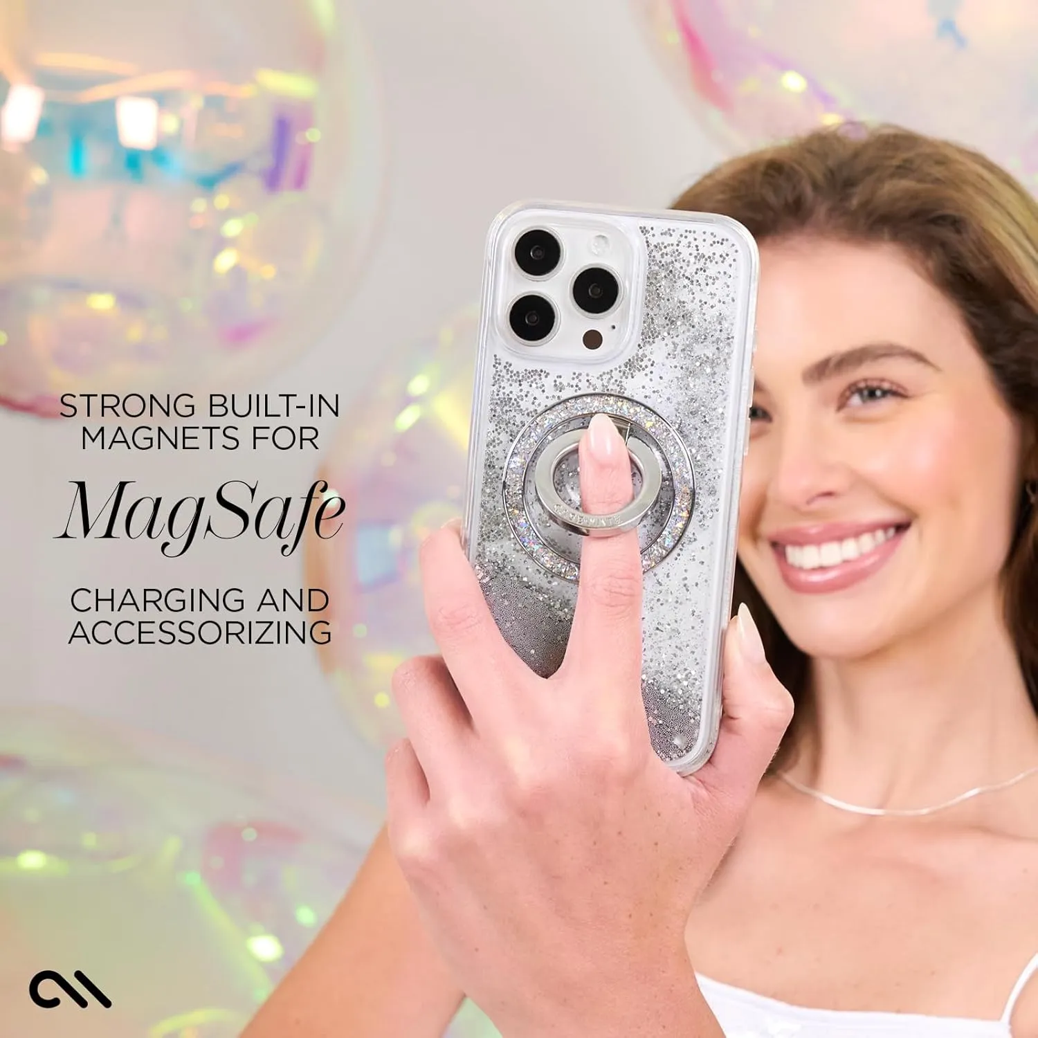 Case-Mate iPhone 16 Pro Case [Compatible with MagSafe] - Sparkly Liquid Glitter Phone Case with 12ft Drop Protection - Premium Magnetic Cover for iPhone 16 Pro - Silver Waterfall