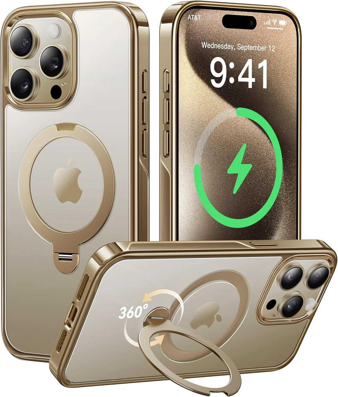 CASEKOO Titanium 360° Rotatable Magnetic Stand for iPhone 15 Pro Max Case [Compatible with Magsafe][16FT Military Protection] Slim 15 Pro Max with Kickstand Ring Phone Cover 6.7'', Gold