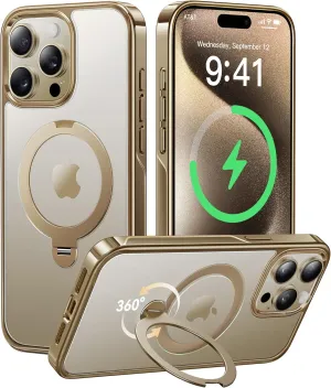 CASEKOO Titanium 360° Rotatable Magnetic Stand for iPhone 15 Pro Max Case [Compatible with Magsafe][16FT Military Protection] Slim 15 Pro Max with Kickstand Ring Phone Cover 6.7'', Gold