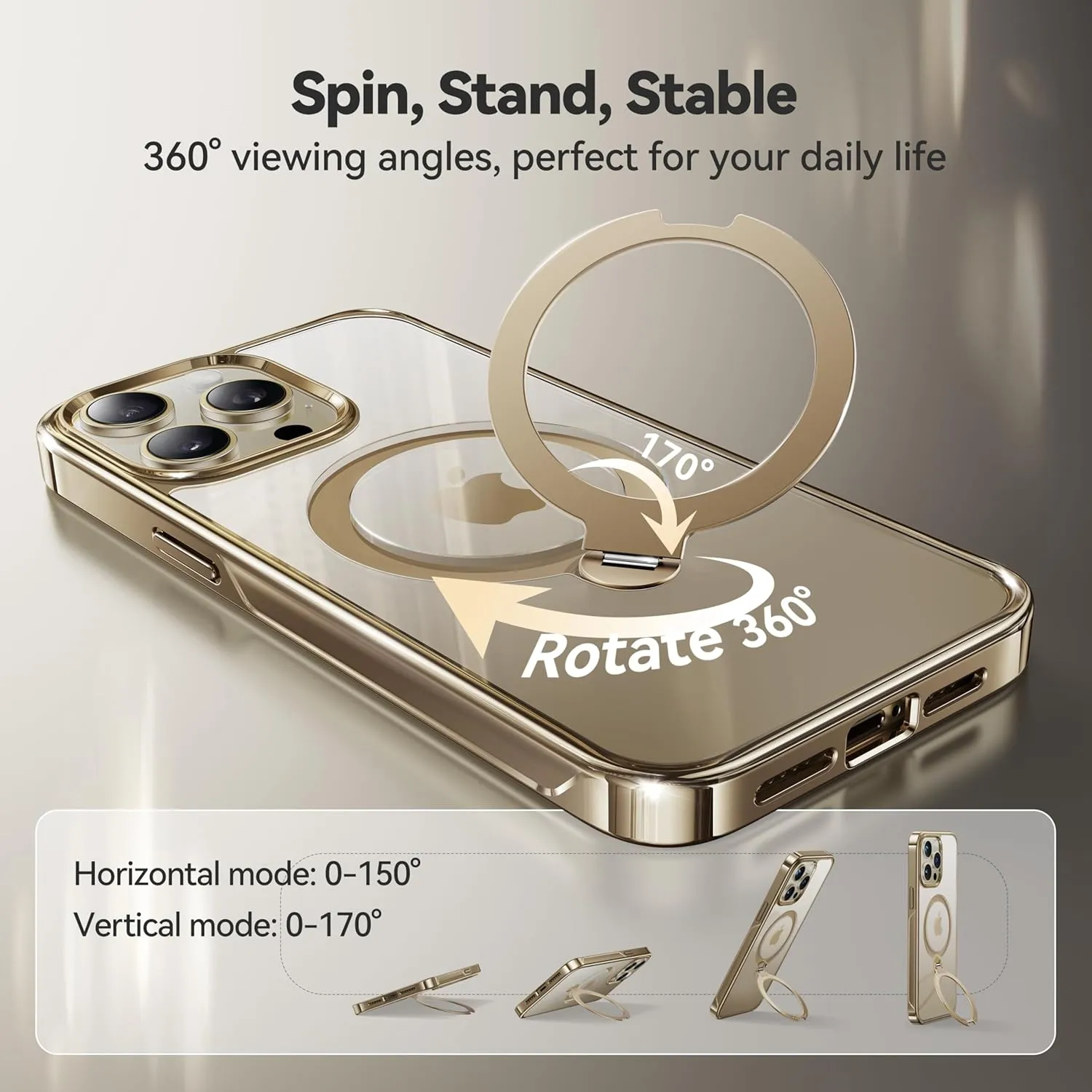 CASEKOO Titanium 360° Rotatable Magnetic Stand for iPhone 15 Pro Max Case [Compatible with Magsafe][16FT Military Protection] Slim 15 Pro Max with Kickstand Ring Phone Cover 6.7'', Gold