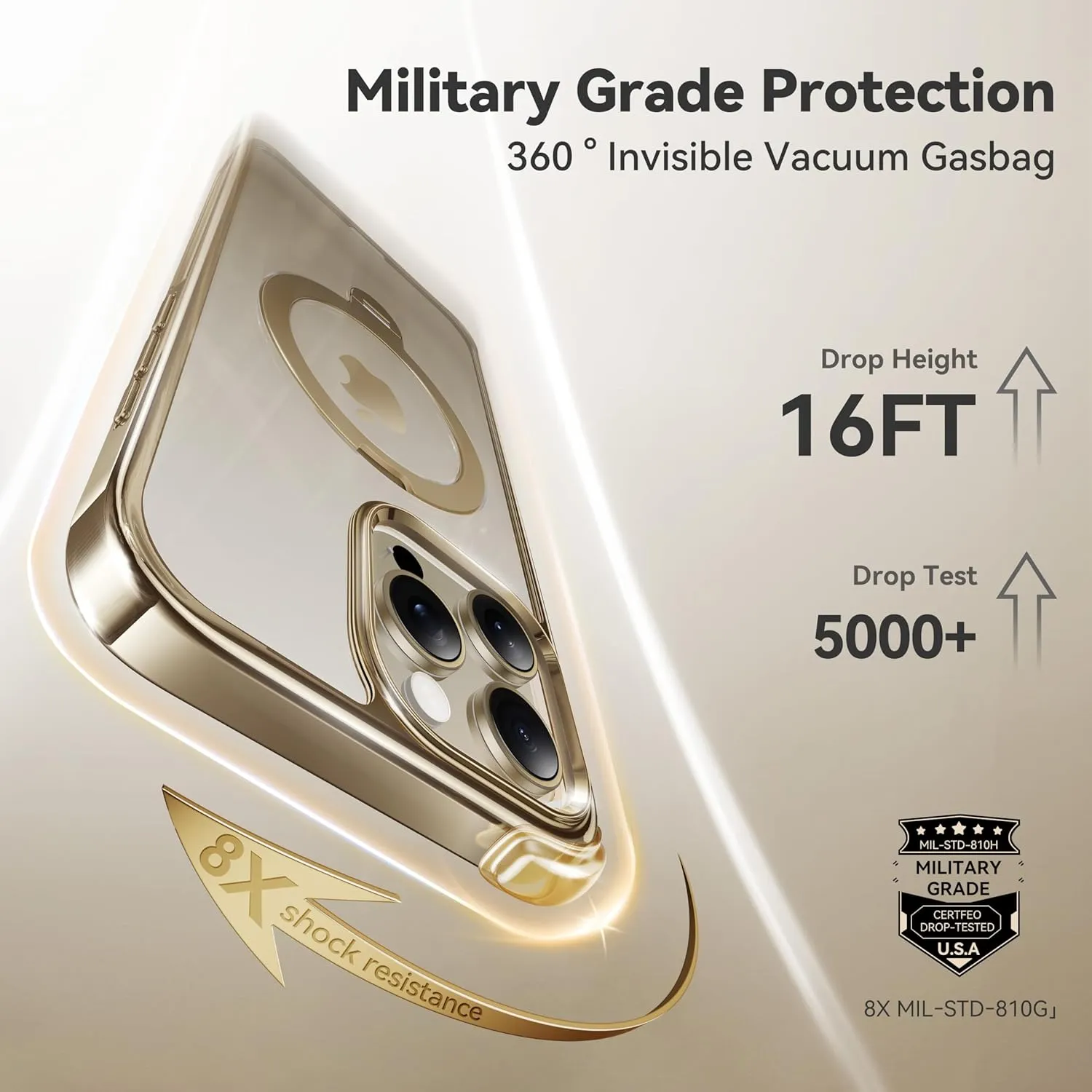 CASEKOO Titanium 360° Rotatable Magnetic Stand for iPhone 15 Pro Max Case [Compatible with Magsafe][16FT Military Protection] Slim 15 Pro Max with Kickstand Ring Phone Cover 6.7'', Gold