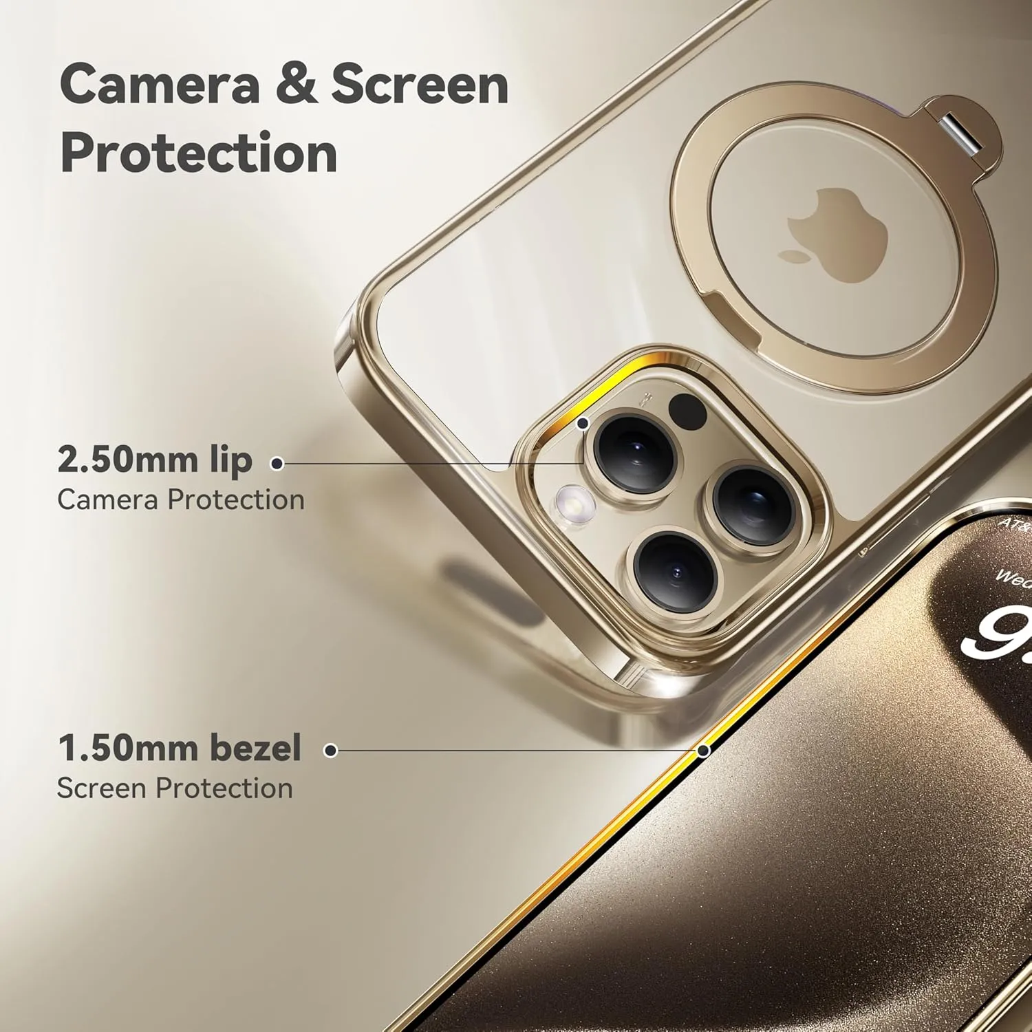 CASEKOO Titanium 360° Rotatable Magnetic Stand for iPhone 15 Pro Max Case [Compatible with Magsafe][16FT Military Protection] Slim 15 Pro Max with Kickstand Ring Phone Cover 6.7'', Gold