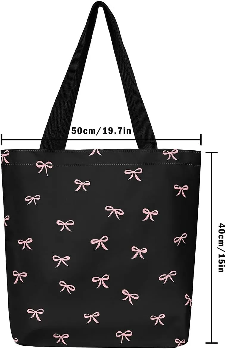 Castle Fairy Cute Bowknot Canvas Tote Bag,Princess Style Reusable Grocery Bag for Women,Large Capacity Shoulder Handbags