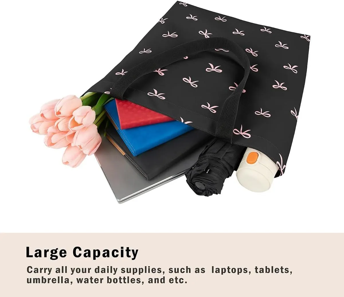 Castle Fairy Cute Bowknot Canvas Tote Bag,Princess Style Reusable Grocery Bag for Women,Large Capacity Shoulder Handbags
