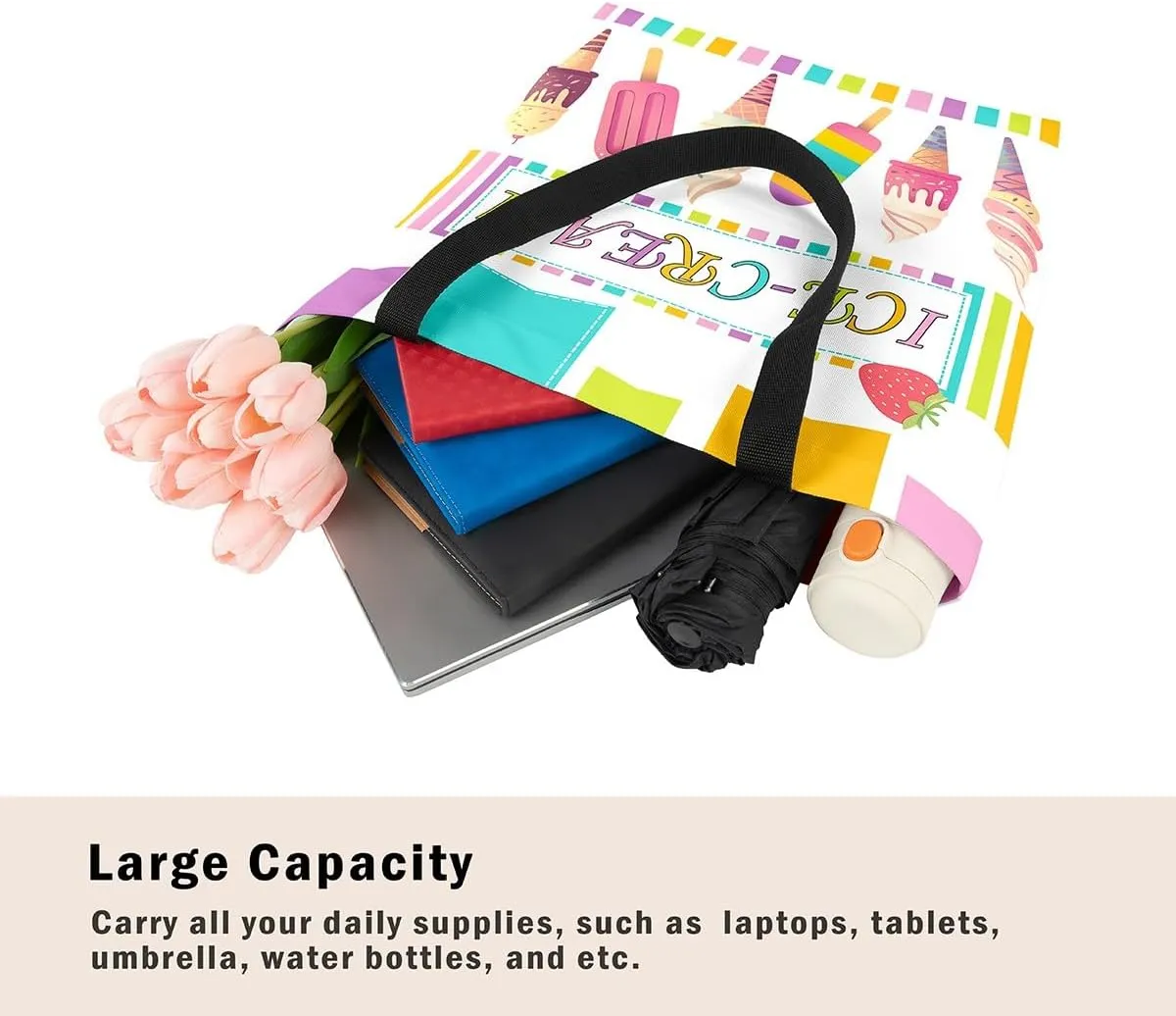 Castle Fairy Dessert Fruit Print Canvas Tote Bag,Cartoon Theme Shoulder Handbags for Shopping Gym,Large Capacity Bags