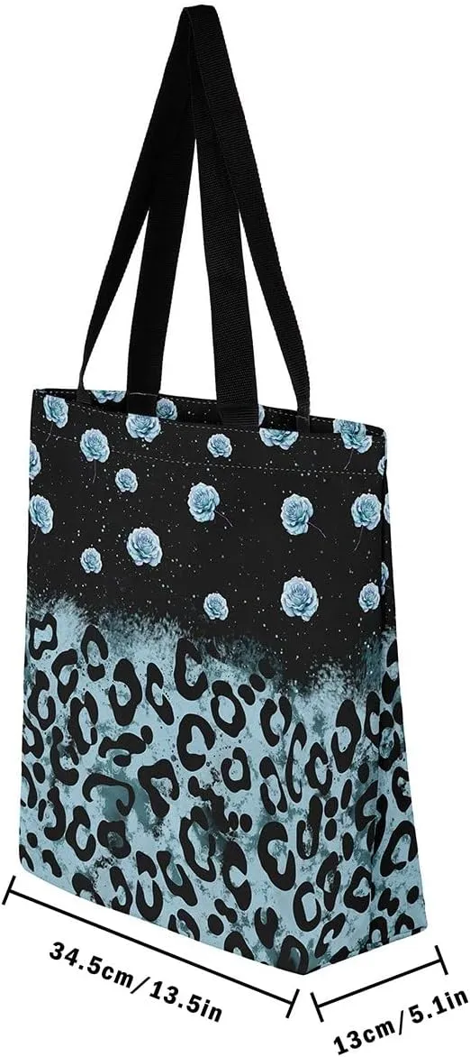Castle Fairy Leopard Print Canvas Tote Bag,Bowknot Flower Aesthetic Shoulder Handbags for Shopping Gym