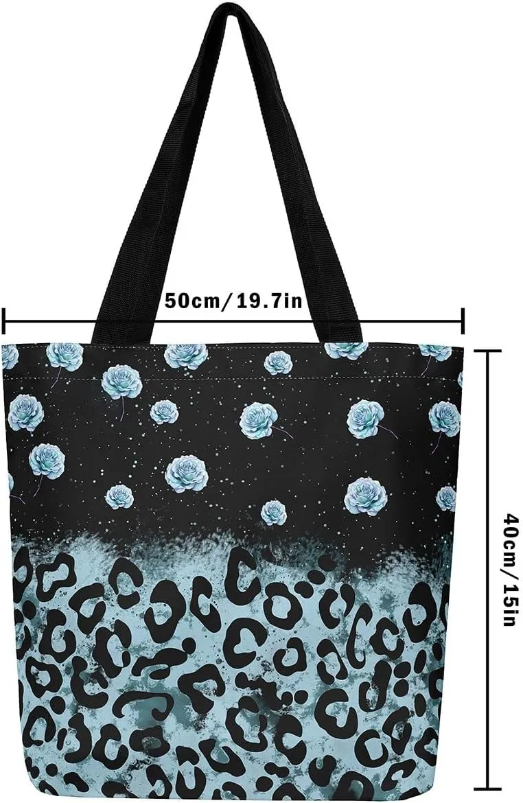 Castle Fairy Leopard Print Canvas Tote Bag,Bowknot Flower Aesthetic Shoulder Handbags for Shopping Gym
