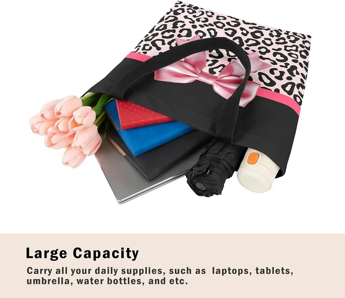 Castle Fairy Leopard Print Canvas Tote Bag,Bowknot Flower Aesthetic Shoulder Handbags for Shopping Gym