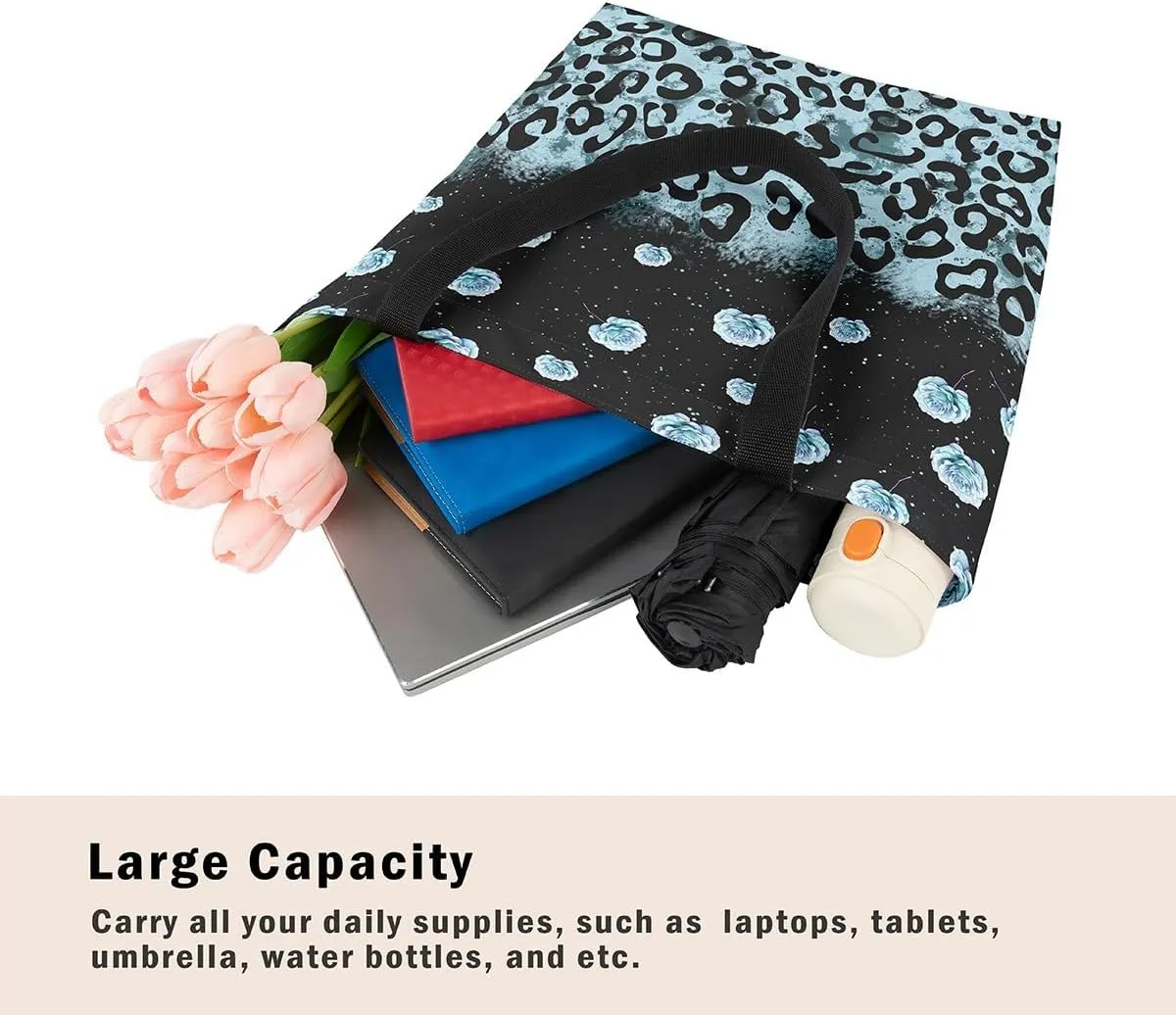 Castle Fairy Leopard Print Canvas Tote Bag,Bowknot Flower Aesthetic Shoulder Handbags for Shopping Gym