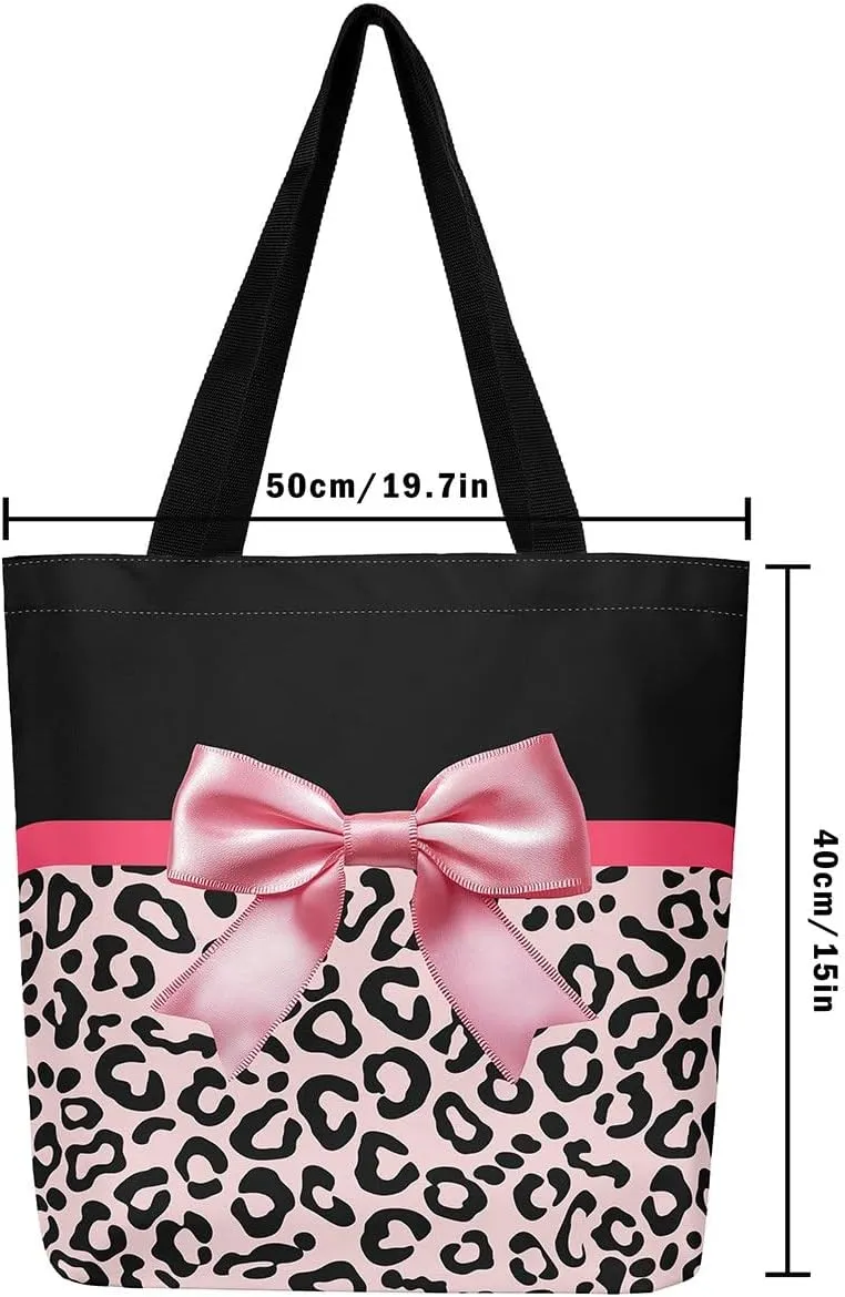 Castle Fairy Leopard Print Canvas Tote Bag,Bowknot Flower Aesthetic Shoulder Handbags for Shopping Gym