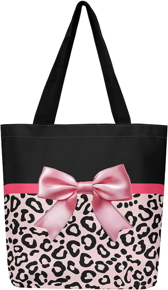 Castle Fairy Leopard Print Canvas Tote Bag,Bowknot Flower Aesthetic Shoulder Handbags for Shopping Gym