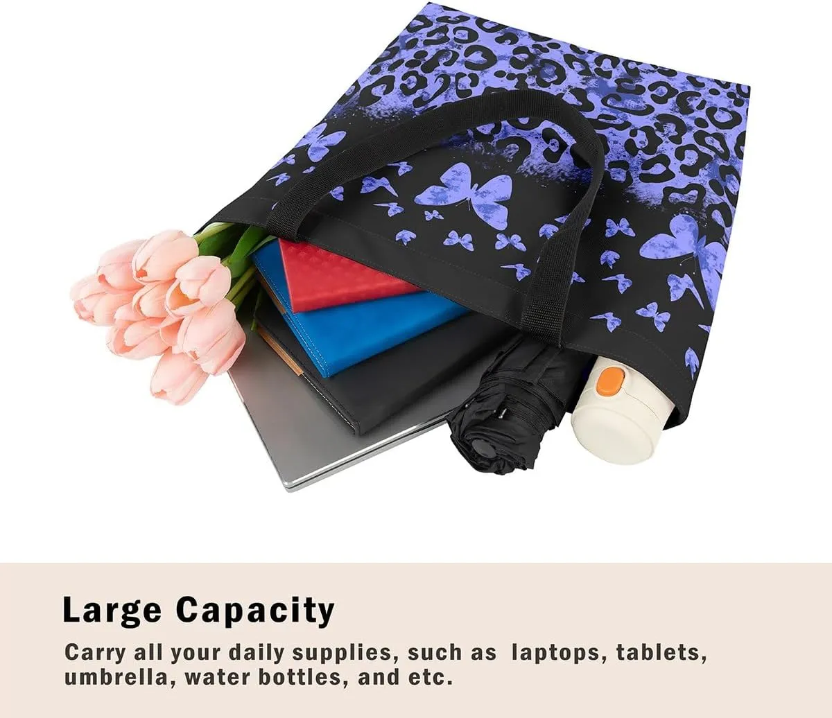 Castle Fairy Leopard Print Canvas Tote Bag,Bowknot Flower Aesthetic Shoulder Handbags for Shopping Gym
