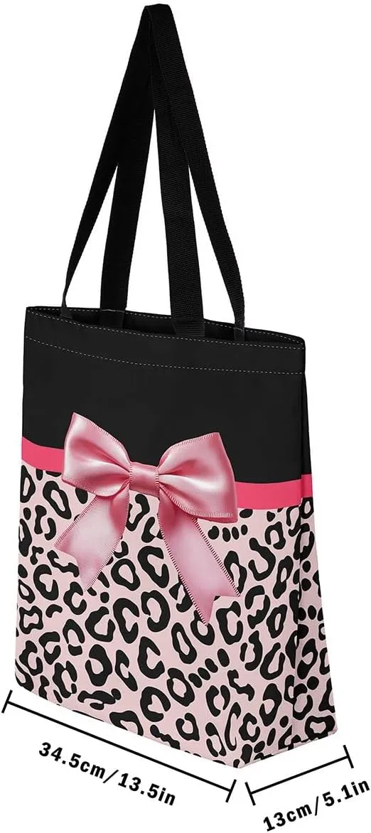 Castle Fairy Leopard Print Canvas Tote Bag,Bowknot Flower Aesthetic Shoulder Handbags for Shopping Gym