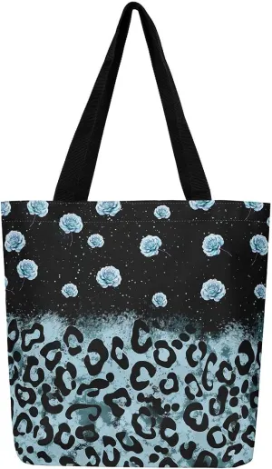 Castle Fairy Leopard Print Canvas Tote Bag,Bowknot Flower Aesthetic Shoulder Handbags for Shopping Gym