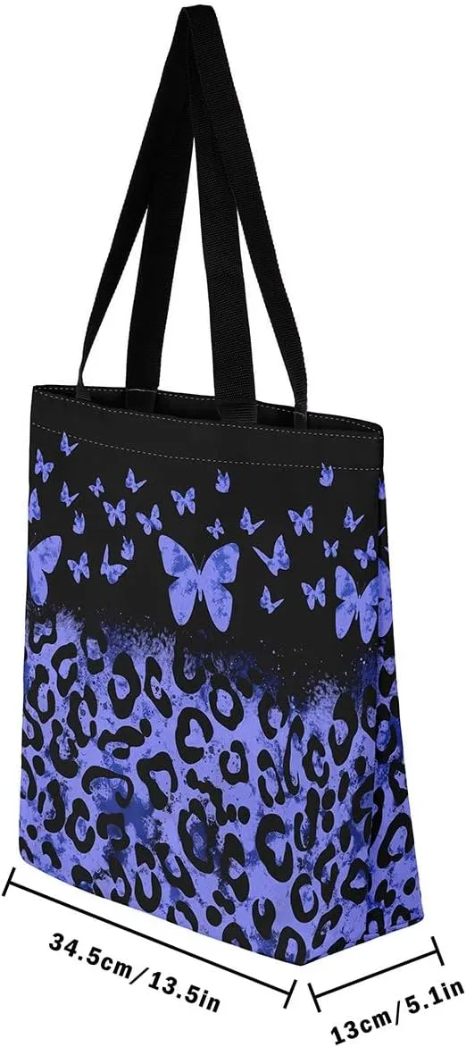 Castle Fairy Leopard Print Canvas Tote Bag,Bowknot Flower Aesthetic Shoulder Handbags for Shopping Gym