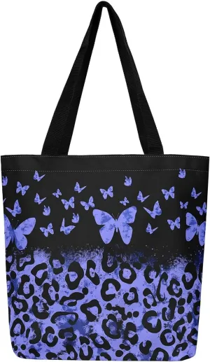 Castle Fairy Leopard Print Canvas Tote Bag,Bowknot Flower Aesthetic Shoulder Handbags for Shopping Gym