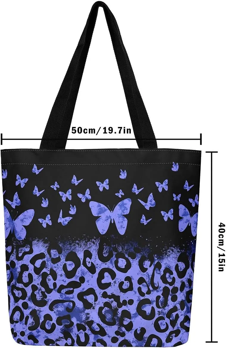 Castle Fairy Leopard Print Canvas Tote Bag,Bowknot Flower Aesthetic Shoulder Handbags for Shopping Gym