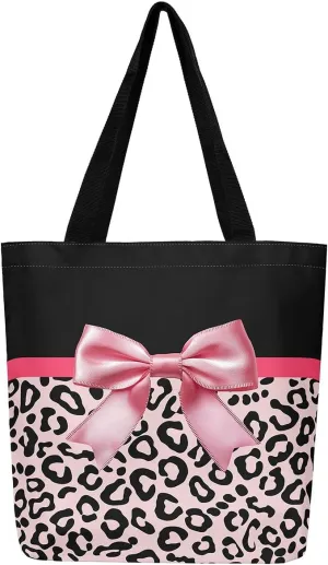Castle Fairy Leopard Print Canvas Tote Bag,Bowknot Flower Aesthetic Shoulder Handbags for Shopping Gym