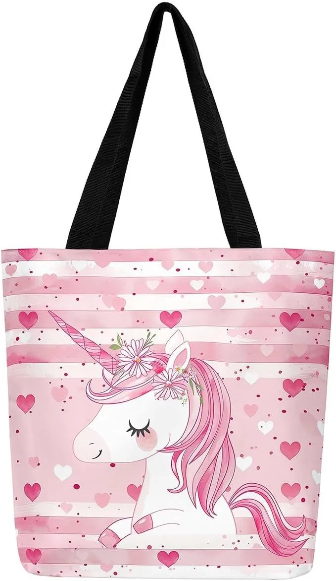 Castle Fairy Princess Canvas Tote Bag, 3D Geometry Pink Aesthetic Shoulder Handbags,Cartoon Animals Tote Bag Reusable Handbag
