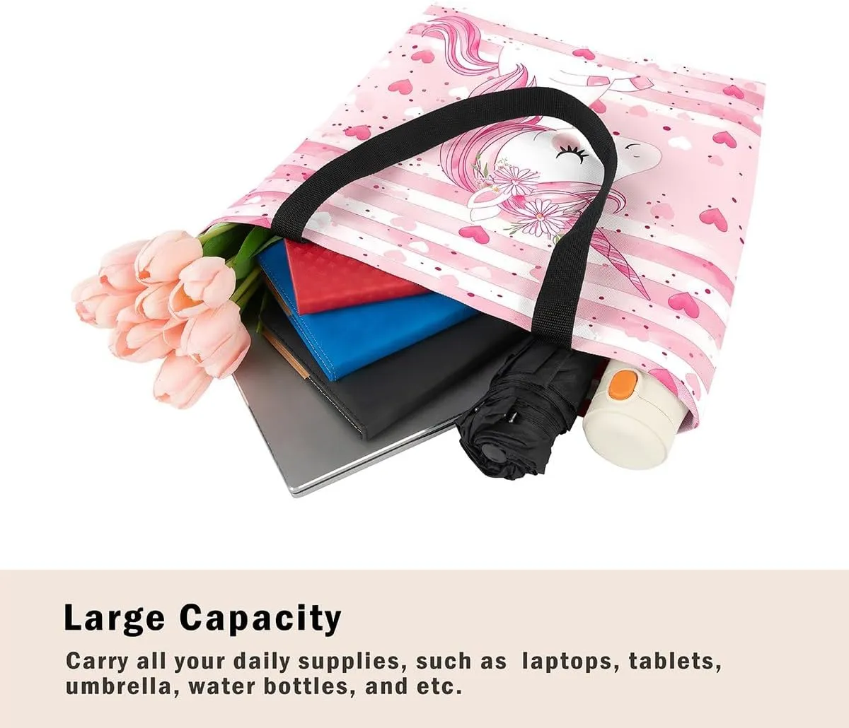 Castle Fairy Princess Canvas Tote Bag, 3D Geometry Pink Aesthetic Shoulder Handbags,Cartoon Animals Tote Bag Reusable Handbag