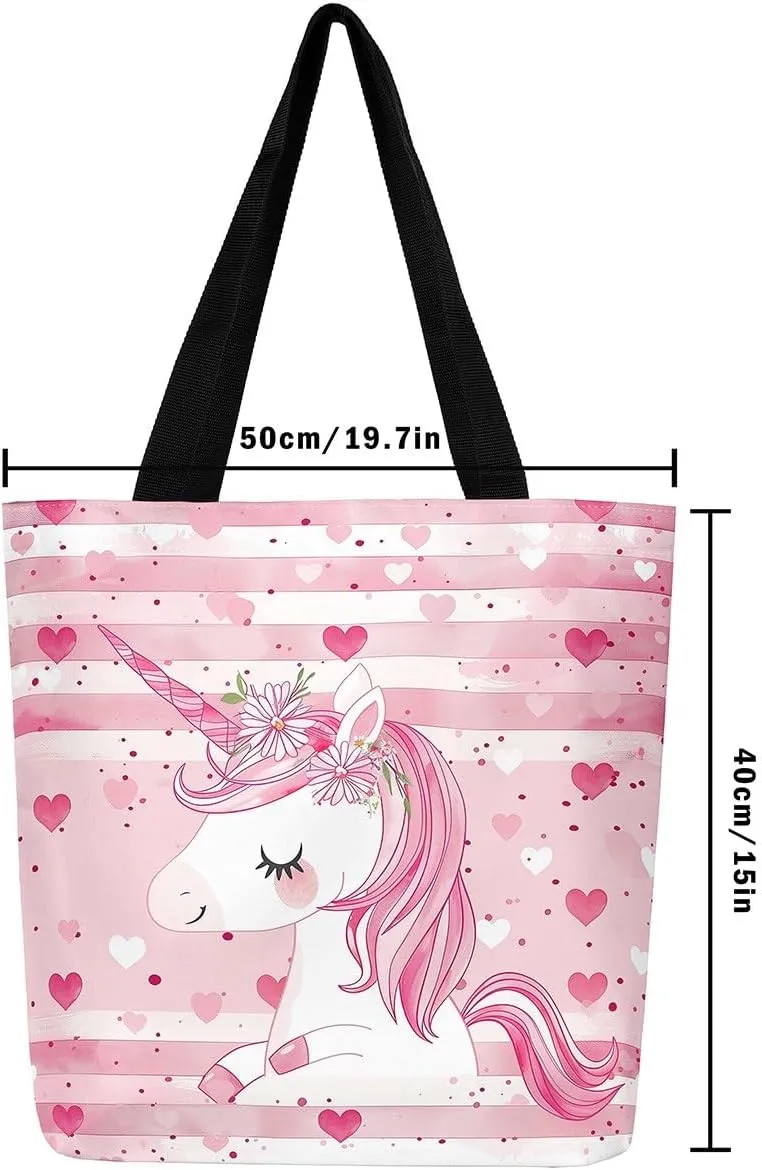 Castle Fairy Princess Canvas Tote Bag, 3D Geometry Pink Aesthetic Shoulder Handbags,Cartoon Animals Tote Bag Reusable Handbag