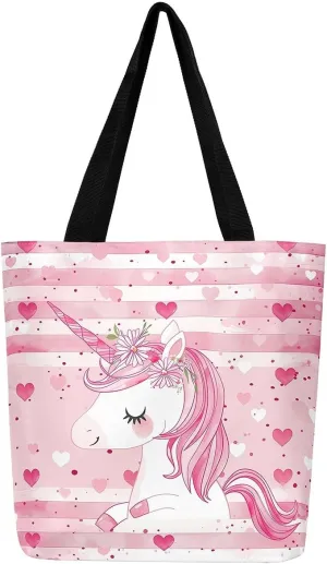 Castle Fairy Princess Canvas Tote Bag, 3D Geometry Pink Aesthetic Shoulder Handbags,Cartoon Animals Tote Bag Reusable Handbag