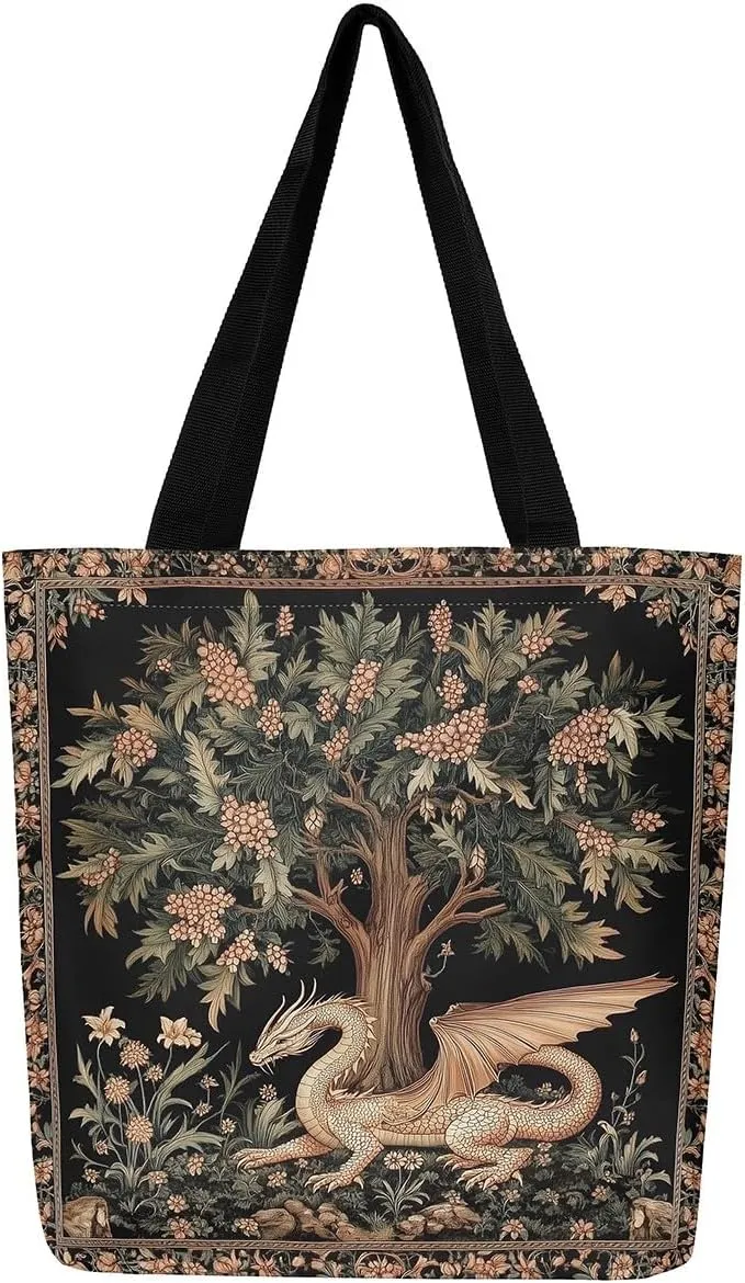 Castle Fairy Wild Animal Canvas Tote Bag 19.7x5.1 Inch Jungle Theme Shoulder Handbags for Adults Shopping Gym