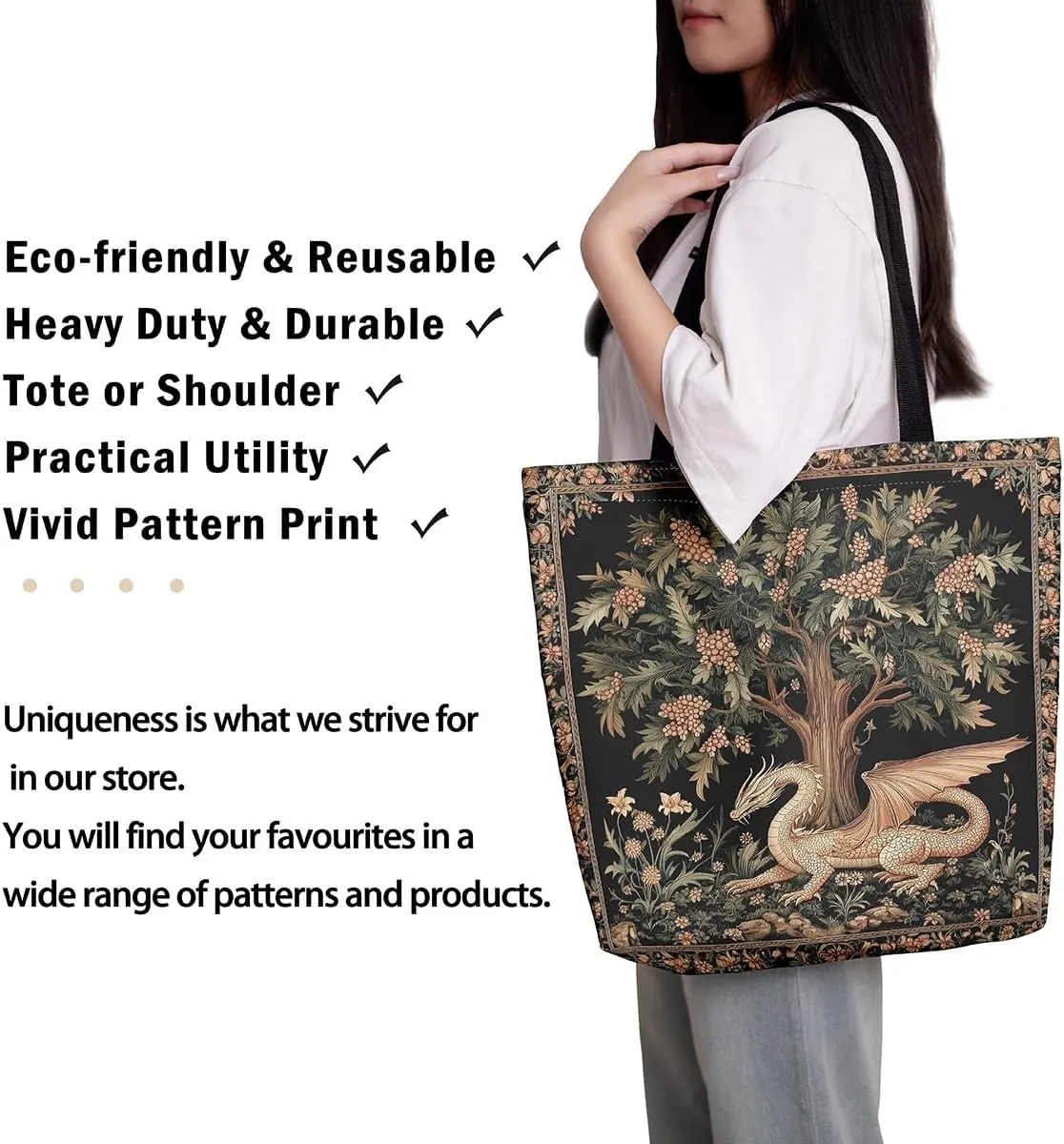 Castle Fairy Wild Animal Canvas Tote Bag 19.7x5.1 Inch Jungle Theme Shoulder Handbags for Adults Shopping Gym