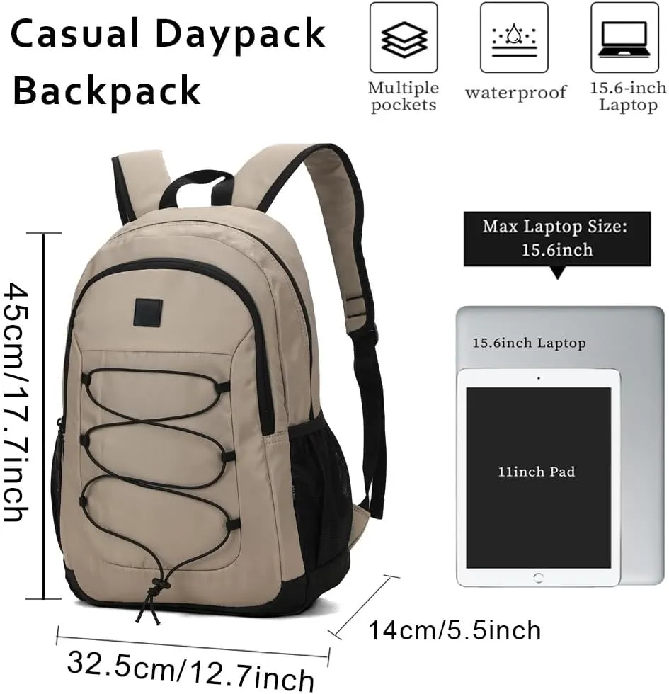 Casual Daypack Backpacks, 17.7 inch Lightweight Waterproof Backpack, 20L Large Capacity Daypack Everyday Backpack, Carry On Travel Backpack Water Resistant Casual Daypack (Khaki)