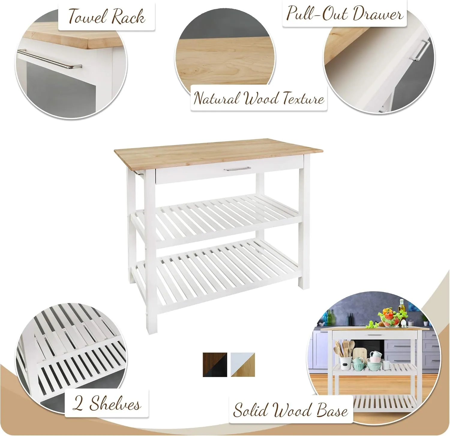 Casual Home Kitchen Island with Solid American Hardwood Top, Natural/White, 40" W (373-91)