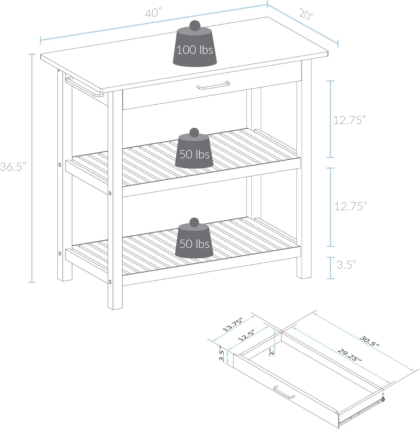 Casual Home Kitchen Island with Solid American Hardwood Top, Natural/White, 40" W (373-91)
