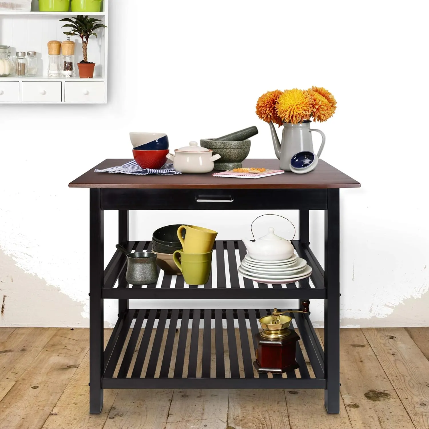 Casual Home Kitchen Island with Solid American Hardwood Top, Walnut&black