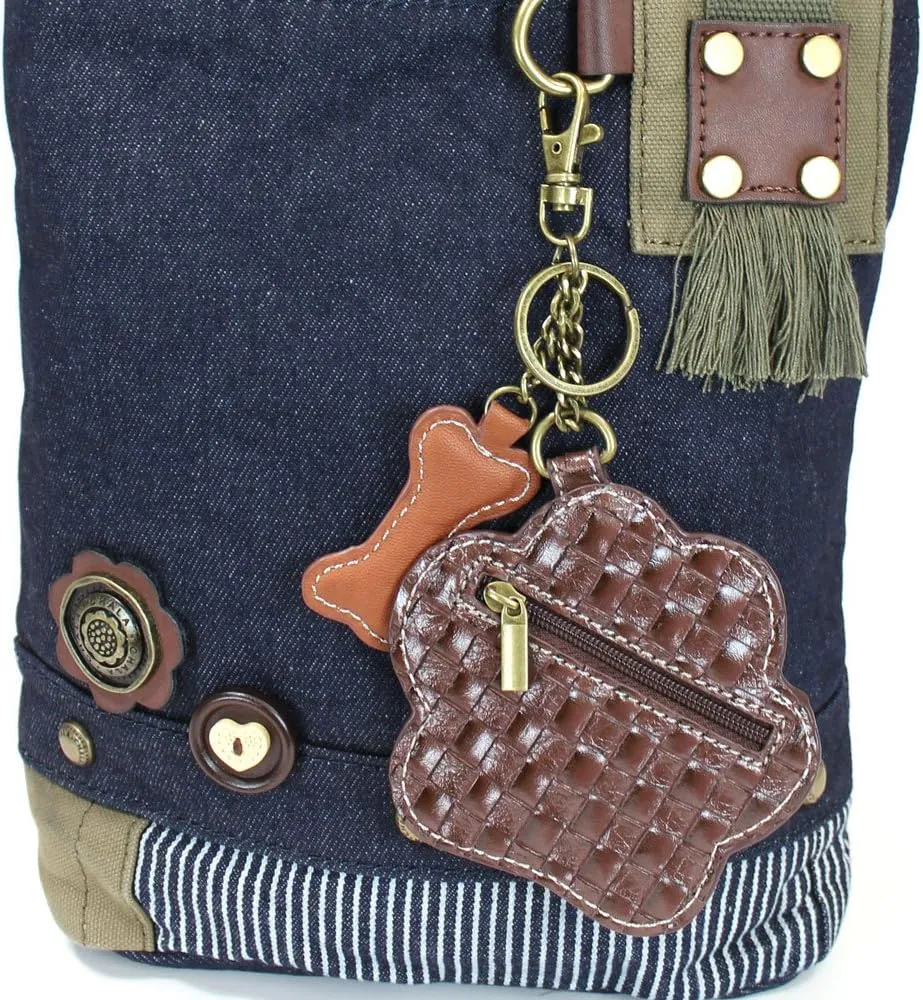 Chala Canvas Denim handbags with Teal Paw Print Key-fob Coin Purse